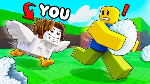 A Roblox character runs away carrying a white egg while a chicken character chases them through a grassy area in Don't Steal My Eggs